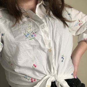 White Floral Embroidered Button Up